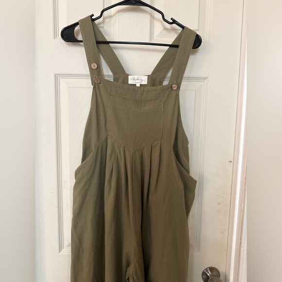 LF February Olive Green Cotton Overalls Wide Leg Bib Jumpsuit Size L Pockets - Picture 2 of 8